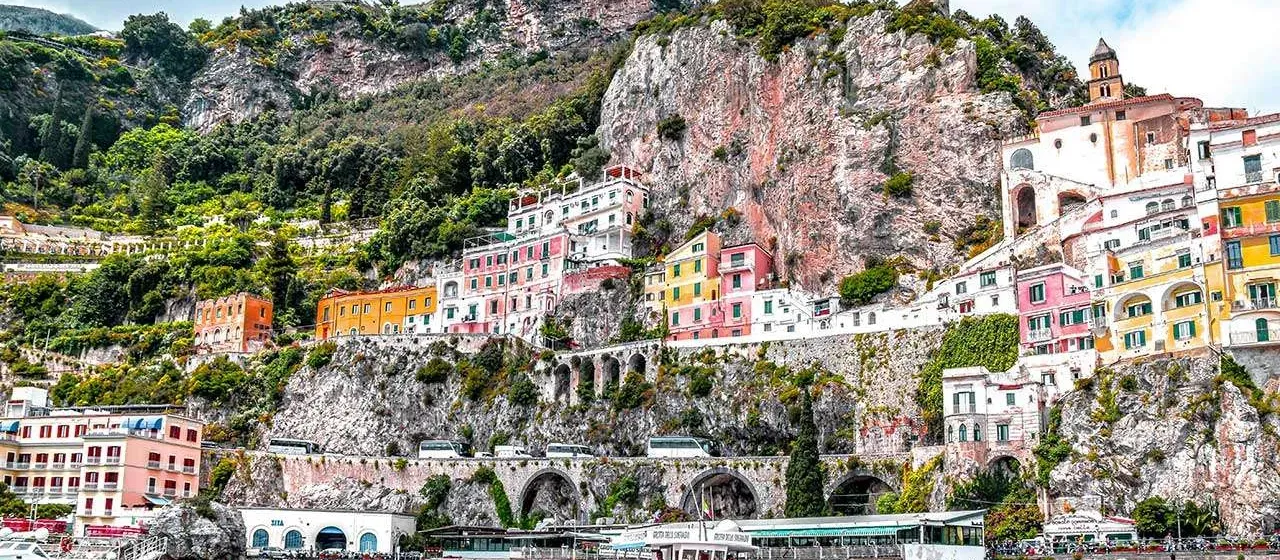 Scenic view of the Amalfi Coast cliffside villages and azure waters
