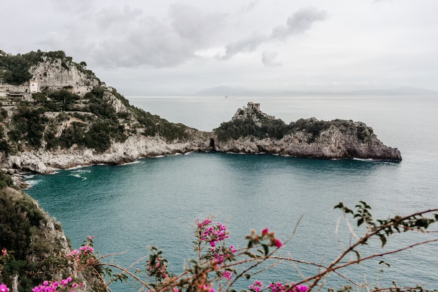 Stunning coastal view of the Amalfi Coast cliffside and turquoise waters