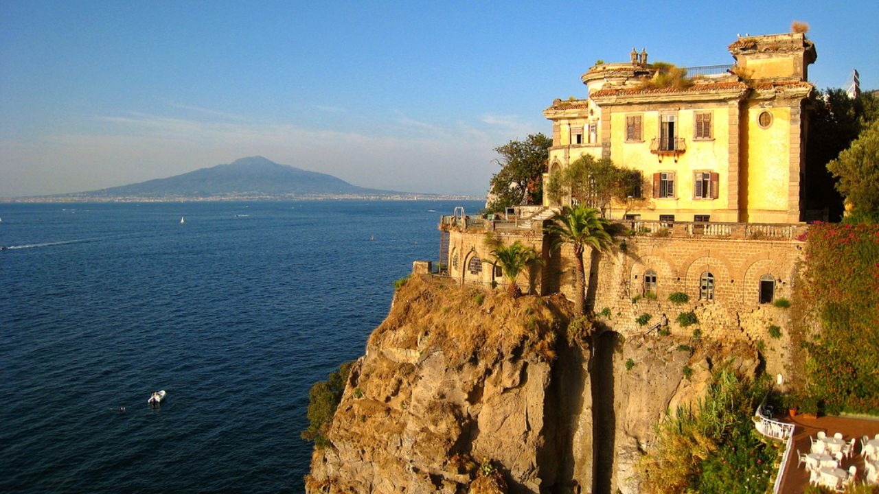 Coastal view of the Gulf of Naples and Mount Vesuvius from the Sorrento peninsula