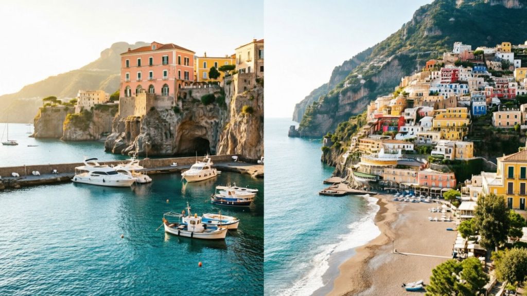 Slanted split view of Sorrento harbor and Positano beach.