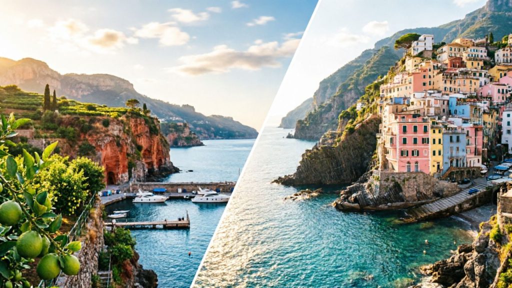 Diagonal split of Sorrento harbor and Amalfi Coast cliffs.